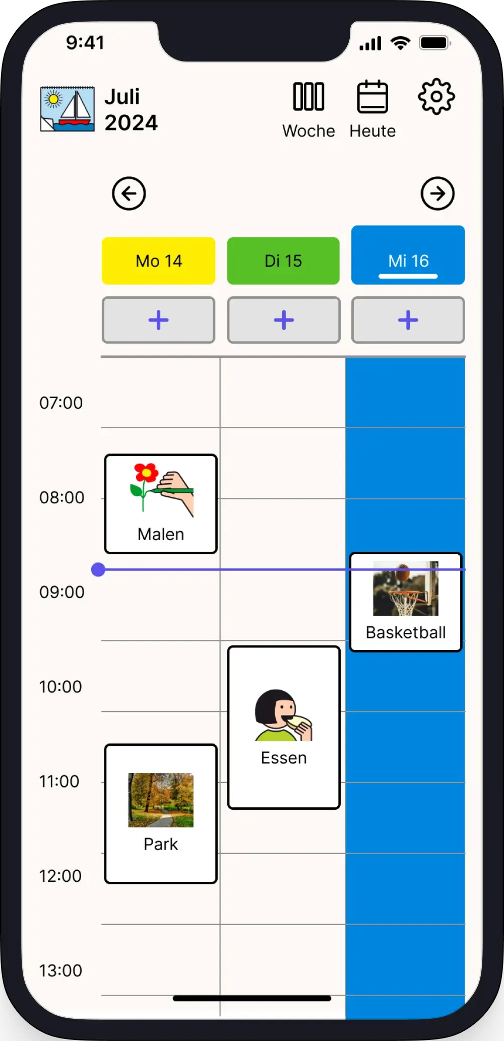 Die Independo Kalender App. Die Wochenansicht wird angezeigt. Termine werden als Metacom-Symbole und mit
          Audio angezeigt.
        